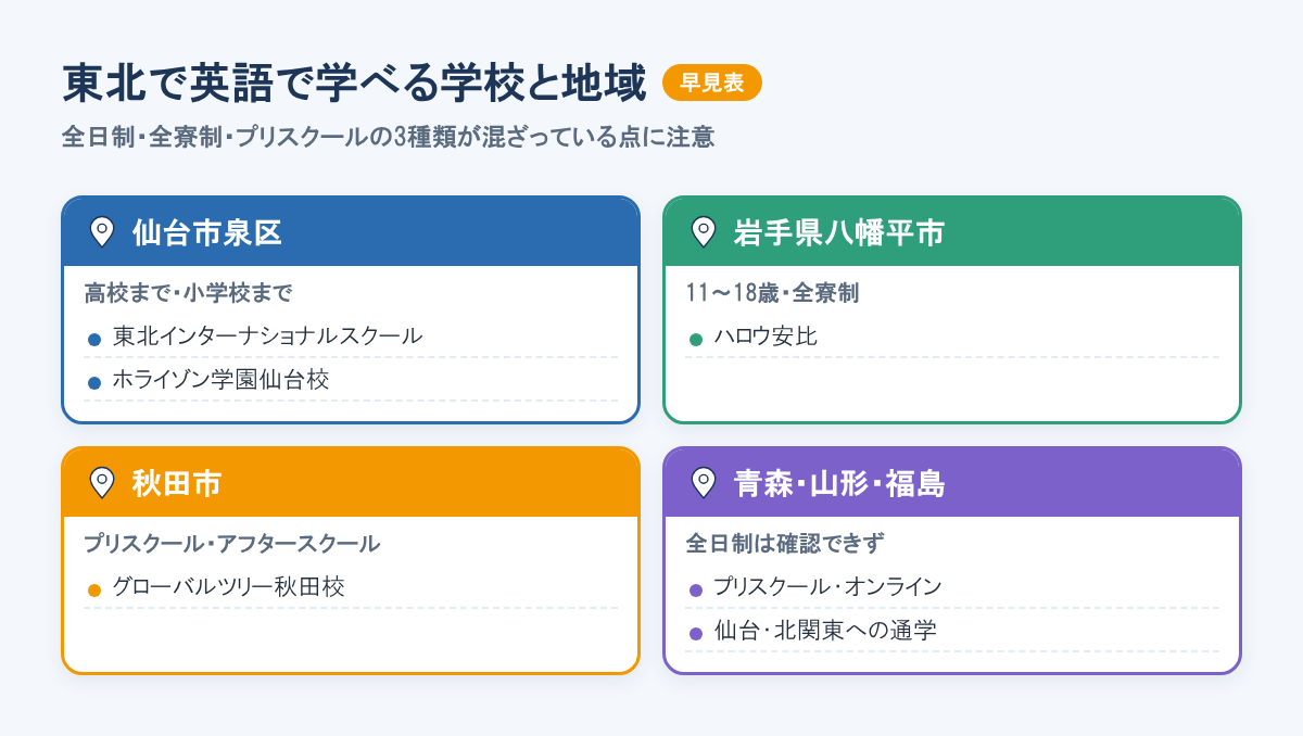 東北の学校と地域の早見。仙台市泉区に東北インターナショナルスクールとホライゾン学園仙台校、岩手に全寮制のハロウ安比、秋田市にプリスクール