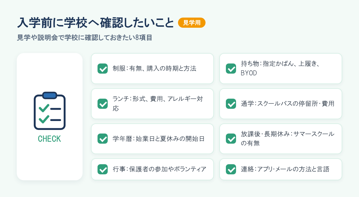 入学前に学校へ確認したいことのリスト。制服、持ち物、ランチ、通学、学年暦、放課後・長期休み、行事、学校からの連絡の8項目。